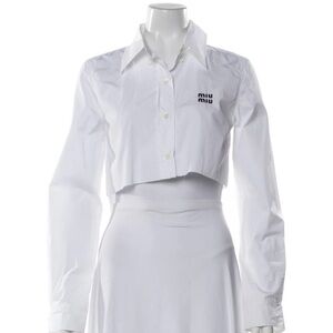 Miu Miu White Cropped Button-Front Shirt with Black Logo